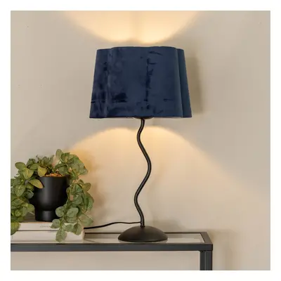 ValueLights Wiggle Black Navy Velvet Scallop Shade Table Lamp & Bulb