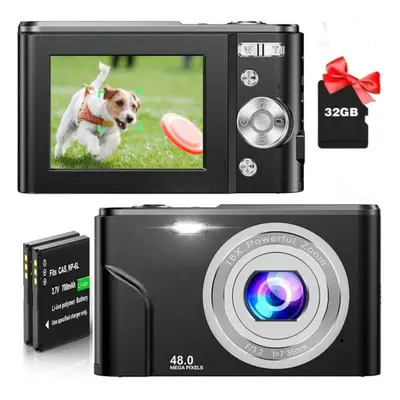 (Black) FHD 1080P 48MP Digital Camera with 16X Zoom, 32GB SD Card, Batteries, Compact Mini