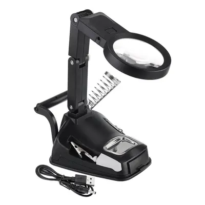 (Black) Soldering Iron Stand Welding Tool Magnifier with Illuminated Glasses LED Alligator Clip 