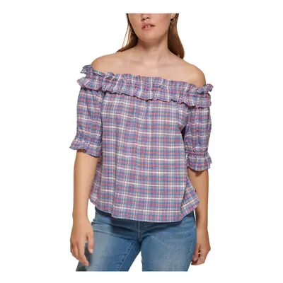 Tommy Hilfiger Womens Ruffled Plaid Blouse Blue