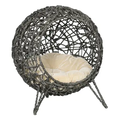 PawHut Rattan Elevated Cat House Kitten Bed Pet Furniture w/ Cushion Grey