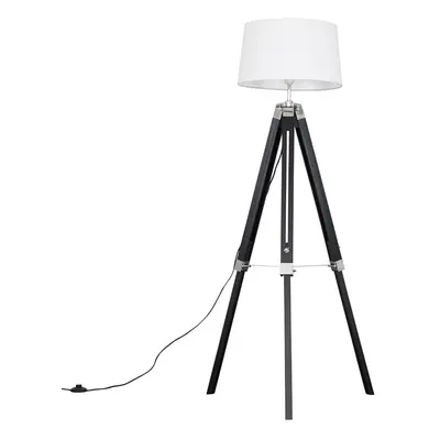 Modern Black Wood and Silver Chrome Tripod Floor Lamp with a White Tapered Shade