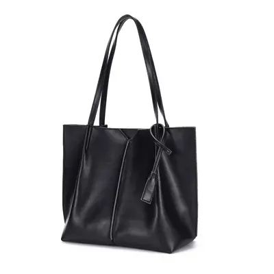 (Black) Large capacity Tote Bag female simple soft leather commuting bag College Students Leisur