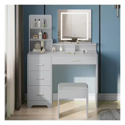 Dressing Table with Stool - Shelves and Drawers, Touch Screen Makeup Mirror with 3-Color Dimmabl