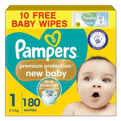 Pampers Premium Protection New Baby Size 1, Nappies, 2kg-5kg, Monthly Pack + Pampers Harmonie Aq