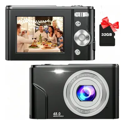 (Black) Kids Digital Camera, 1080P 48MP with 32GB SD Card, 2.4 Inch Screen, 16X Zoom, Compact Mi