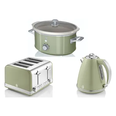 SWAN Retro Green Jug Kettle Slice Toaster & 3.5L Slow Cooker Set