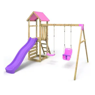 (Rainier Pink) Rebo Adventure Wooden Climbing Frame, Swing Set and Slide