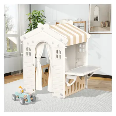 (Beige+Coffee) Kids Plastic Playhouse for Indoor Outdoor, Portable Game Cottage with Curtain