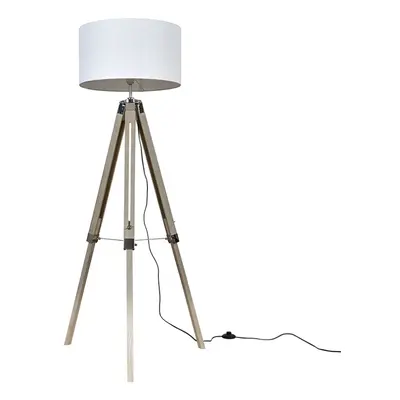 Modern Light Wood & Chrome Tripod Floor Lamp with a White Drum Shade - Complete with 6w LED ES E