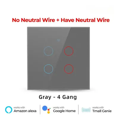 (4 Gang Gray) WiFi Light Switch 220V RF433 Remote Control No Neutrual Wire And Have Neutural Wir