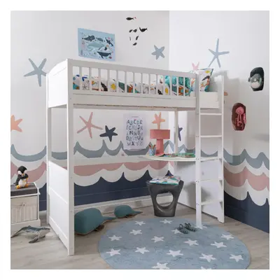 Lottie Highsleeper Kids Cabin Bed with Straight Ladder and Thom Desk in Classic White