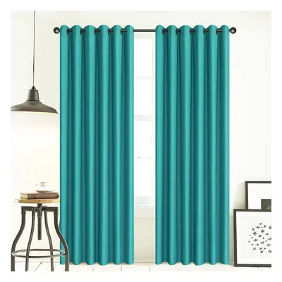 (Teal, 66" x 90") Thick Thermal Blackout Ready Made Eyelet Ring Top Pair Curtains Panel