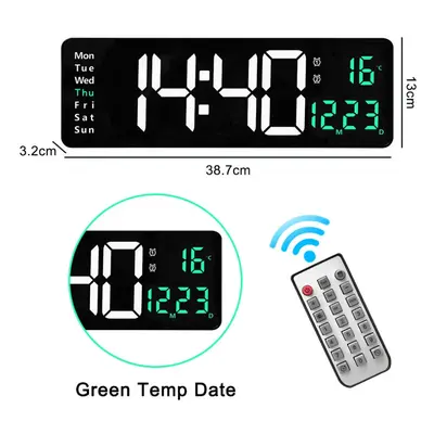 (black green) 16-Inch LED Digital Wall Clock with Remote, Auto Brightness, Temperature, Date, We