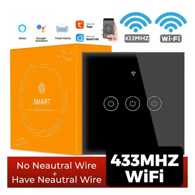 (3 Gang Black) Smart Wifi Touch 433mhz Switch Light EU No Neutral Wire Required Remote Timing Co