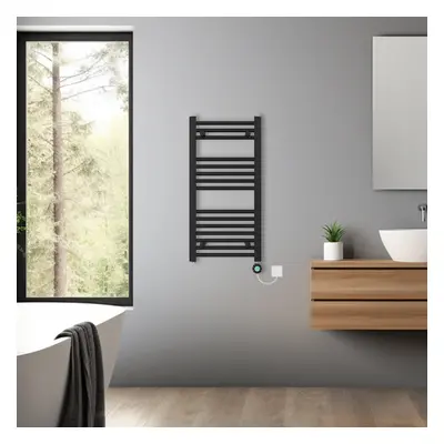 (Black, 800x400mm) Bathroom Prefilled Electric Heated Towel Rail Straight Radiator Thermo Smart 