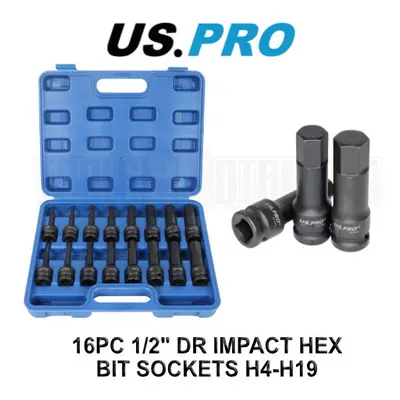 US PRO TOOLS 16pc 1/2" DR Impact Hex Bit Sockets H4 - H19