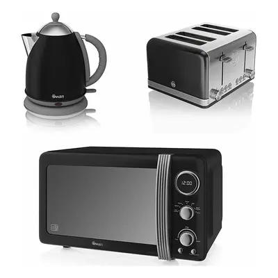 SWAN Black 1.7L Jug Kettle, Slice Toaster & Digital Microwave 800W