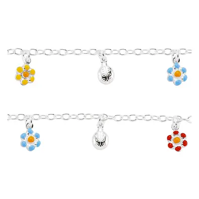 Jewelco London Girls Sterling Silver Blue Yellow Red Enamelled Daisy Ladybird Charm Bracelet 5.5