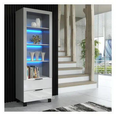 (White LED Lights ) Furneo Display Cabinet Grey White High Gloss Matt Modern Storage Cupboard Wh