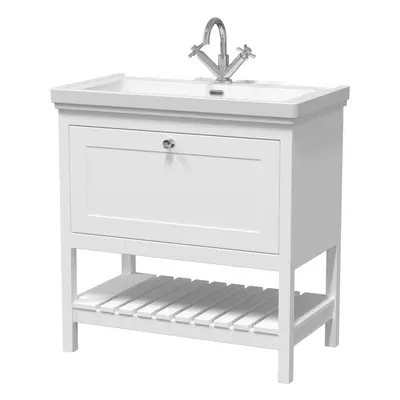 Traditional Furniture Floor Standing Drawer Vanity & Tap Hole Fireclay Basin, 800mm, Pure White