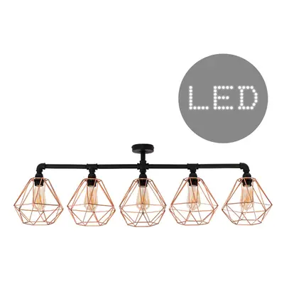 Industrial Way Satin Black Pipework Bar Ceiling Light with Copper Basket Cage Shades - With 4w L