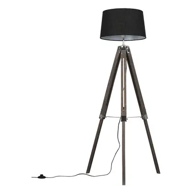 Modern Distressed Wood and Silver Chrome Tripod Floor Lamp with a Black Tapered Shade