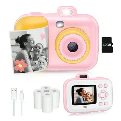 (Pink) Instant Selfie Digital Camera with Rolls Print Paper & 32G Card, 1080P Video & Print