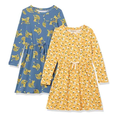 Amazon Essentials Toddler girls Long-Sleeve Elastic Waist T-Shirt Dress, Bluegold, catFloral, 2T