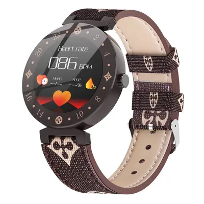 (Coffee) Scratch proof IPS Screen HR Blood Pressure Waterproof Message View Leather Smart Watch