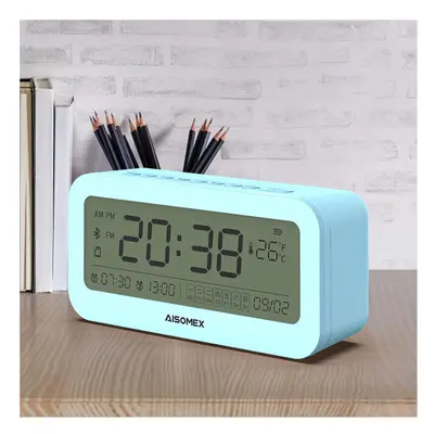 (Blue) Alarm Clock Speaker Bluetooth 5.0 Day Demperature Display Mode Night Light 1800mAh Batter