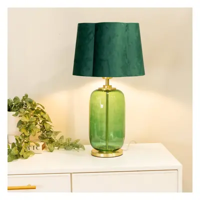 ValueLight Leigh Green Velvet Scallop Forest Glass Gold Table Lamp & Bulb