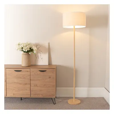 ValueLights Heather Natural White Trim Shade Wooden Floor Lamp & Bulb