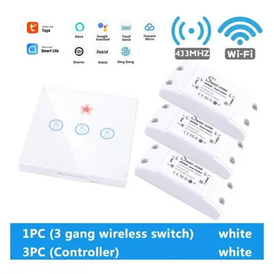 (1pc3 Gang switch+3pc controller white) WiFi Light Switch 220V RF 433MHz With Breakers Remote Co