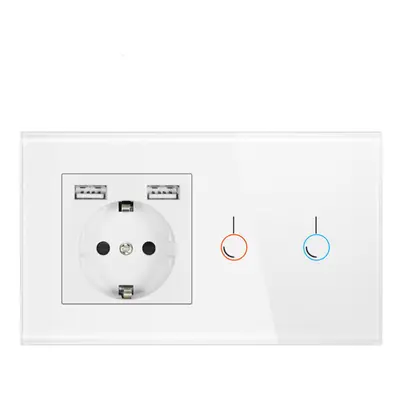 (White) EU Touch 146*86mm 220V 16A Sensor Switch with Socket with USB Crystal Glass Panel Wall S