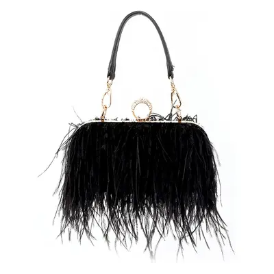 (Black) Real Natural Ostrich Feather Clutch Evening Bag Fashion Handbag Purse for Banquet Party