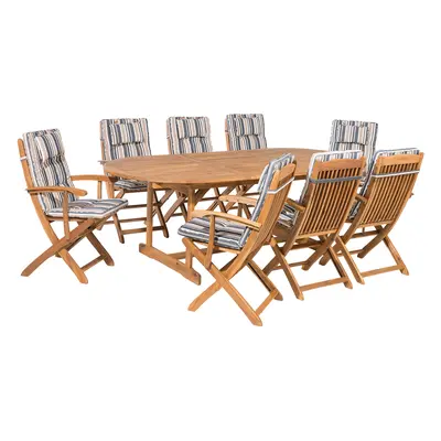 8 Seater Acacia Wood Garden Dining Set Blue Stripes Cushions MAUI