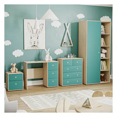 (Teal & Oak) Neptune Piece Bedroom Set Bedside Wardrobe Chest