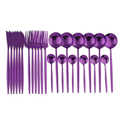 (Purple, 1) 24pcs Stainless Steel Cutlery Set Fork Knife Spoon Tableware Flatware