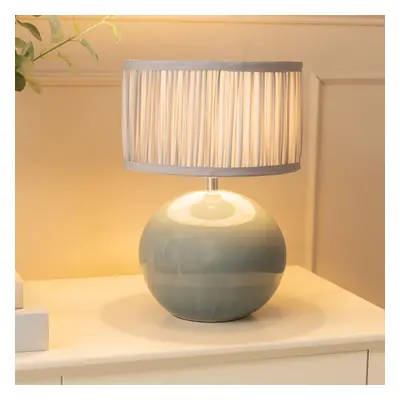 ValueLights Bosco Ceramic Table Lamp with Ruched Blue Drum Lamp Shade