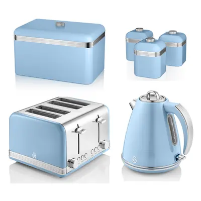 SWAN Retro Blue Kettle Slice Toaster Breadbin Canisters Kitchen Set