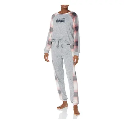 Tommy Hilfiger Womens Hacci Long Sleeve Top and Jogger Bottom Pant Pajama Set Tommy Shadow Plaid