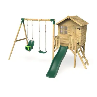 (Green) Rebo Orchard 4ft x 4ft Wooden Playhouse with Standard Swing, Baby Swing, 900mm Deck and 