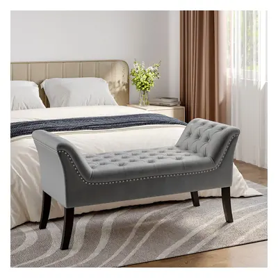 (Grey) Velvet Buttoned Bench with Black Wood Legs