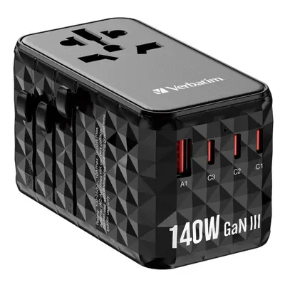 Verbatim UTA-10 140W GaN III Universal Travel Adapter with x USB-C PD 3.1 & QC 4+, x USB-C PD 3.