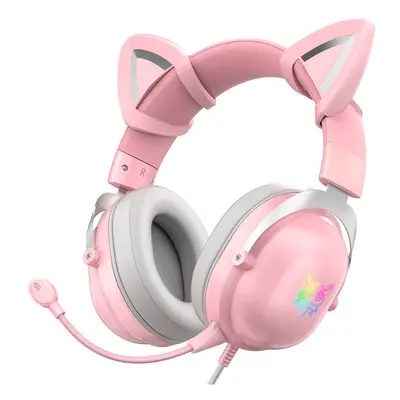 (Pink) Wired Headset Stereo Gaming Headphone Cat Ear Cute RGB Luminous 3.5mm Wired Adjustable Ov