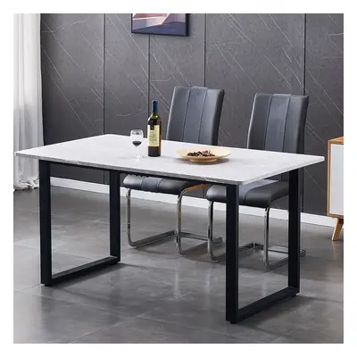 150cm Dining Table Marble Effect Grey Top with U Shape Metal Black Leg