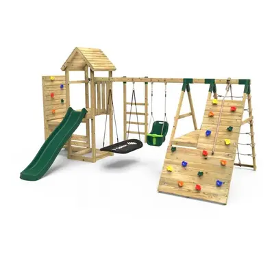 (Cairngorm+) Rebo Wooden Climbing Frame with Vertical Rock Wall, Swing Set and Slides