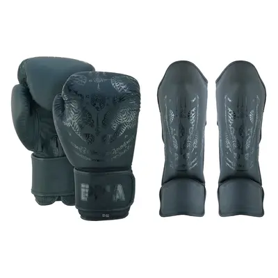 (14oz , Medium ) PMA TWIN TIGERS MUAY THAI BOXING GLOVES & SHIN PADS SET - BLACK