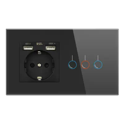 (Black) Touch Sensor Switch with Socket with USB Crystal Glass Panel Wall Socket with Gang Light